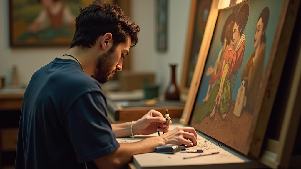 Restaurador de arte trabajando con herramientas especializadas en lienzo antiguo en taller profesional